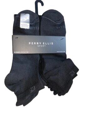 Perry Ellis Sport 6 Pair Men's Black Low Cut Tab Socks, Shoe Size 7-12